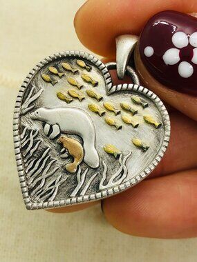 Two Tone Sterling Silver Heart Dangle Charm, Otter & School of Fish River Scene